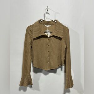 COMMENSE Tan Ribbed Button-Down Crop Shirt Size Small New With Tags